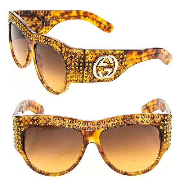 GUCCI AUTHENTIC HOLLYWOOD FOREVER 0144 Brown Gold Crystal Sunglasses GG0144S 003 - Picture 1 of 11